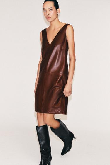 100% LEATHER MIDI DRESS ZW COLLECTION — Burgundy 2