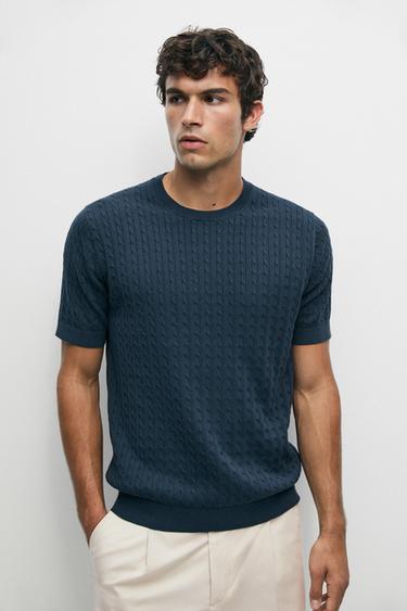Cable-knit short sleeve sweater — Electric blue 2