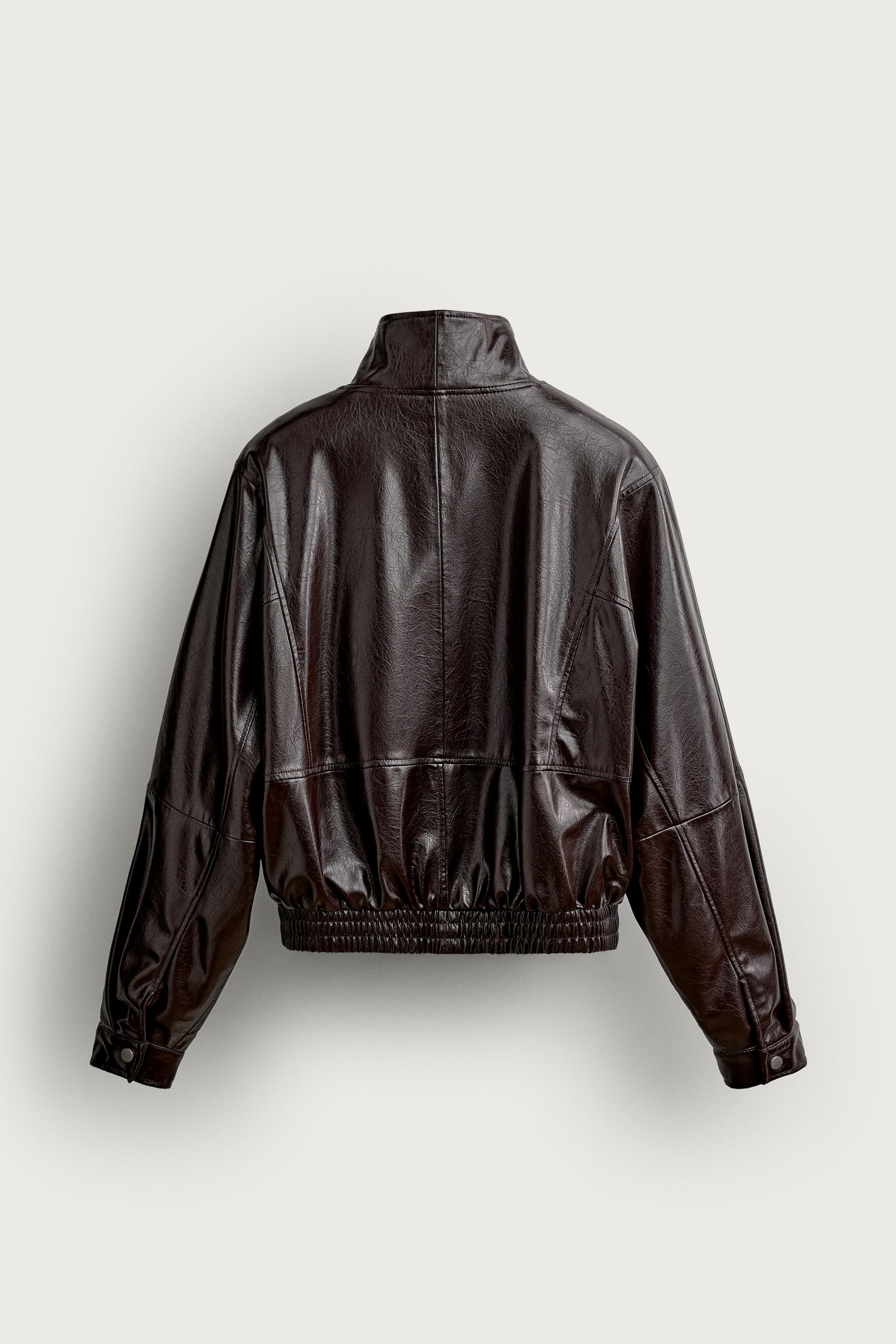 フェイクレザー クロップドフィット ジャケット - ブラウン | ZARA