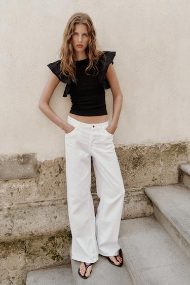 Zara COMBINATION RIB RUFFLE T-SHIRT - Black