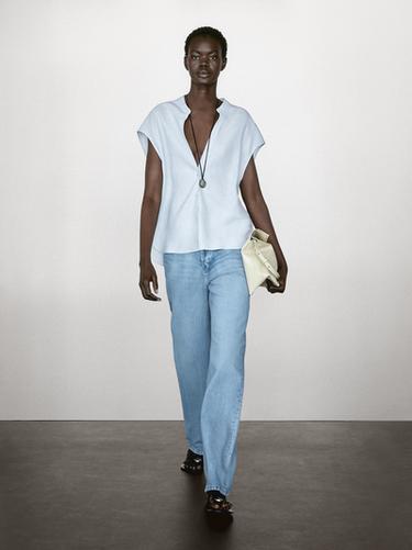 Zara 100% linen flowing blouse with open neck - Blue - Image 0