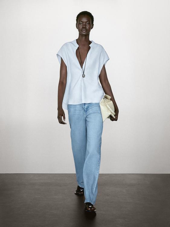 100% linen flowing blouse with open neck