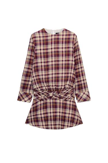 Zara PLAID MINI DRESS - Ecru / Maroon