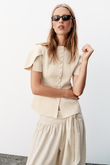Zara CARDIGAN WITH PUFF SLEEVES AND SLITS - Ecru