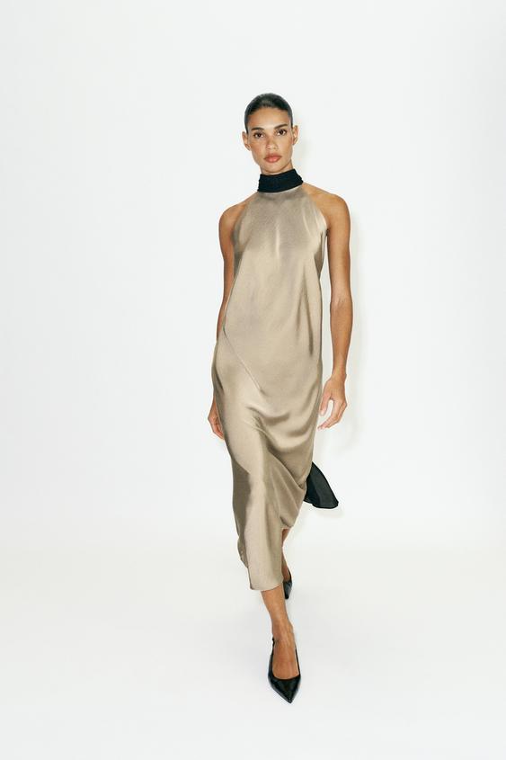 리본 믹스 소재 홀터넥 원피스 - Zara의 라이트 카키 - 이미지 0