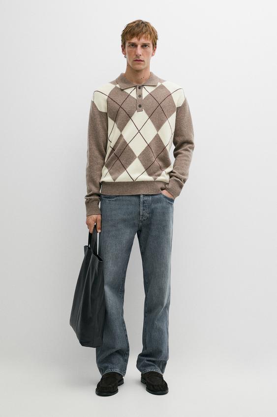 Zara Diamond knit polo sweater - Mink - Image 0