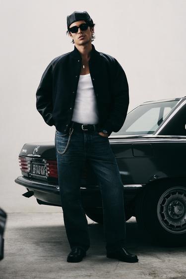 LIMITED EDITION CONTRAST LEATHER BOMBER JACKET - Dark navy by Zara