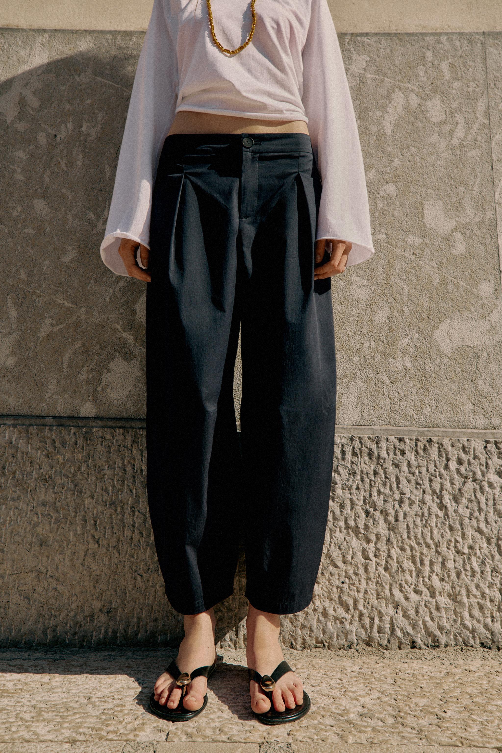 POPLIN BARREL PANTS — Navy blue