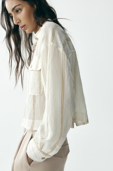 CAMISA RAYAS BOLSILLOS - Crudo / Verde de Zara