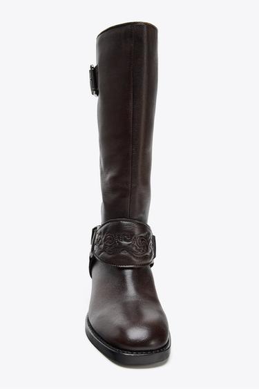 LEATHER FLAT EMBROIDERED BOOTS - Brown by Zara - Image 2