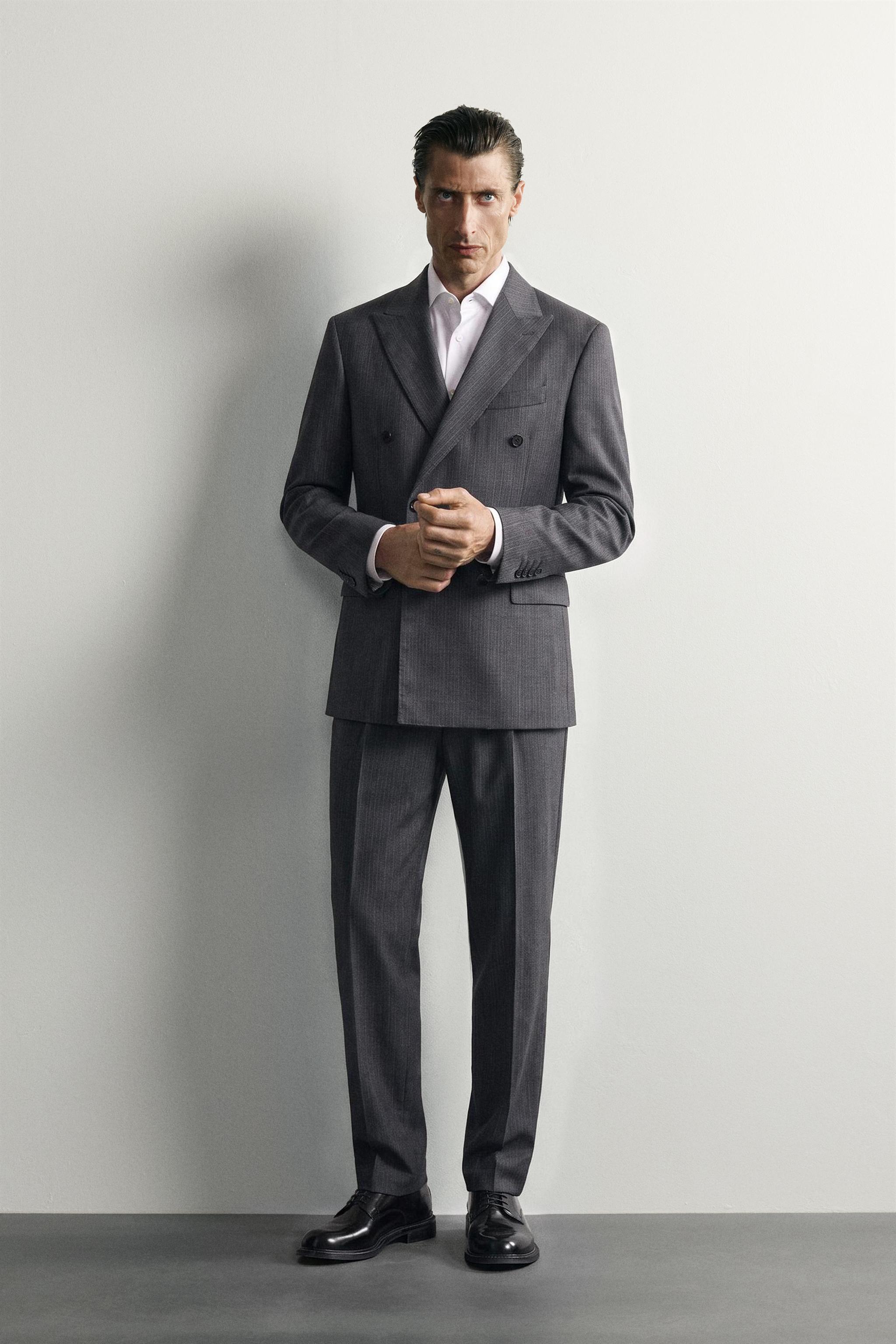 100% WOOL STRIPED SUIT BLAZER — Gray / Blue