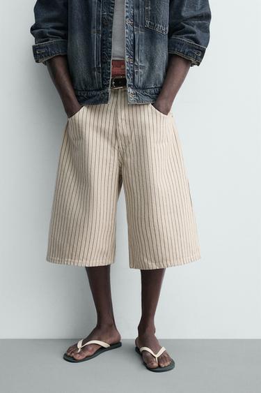 Zaras JORTS RELAXED FIT KRITSTRECKSRANDIGA - Naturfärg
