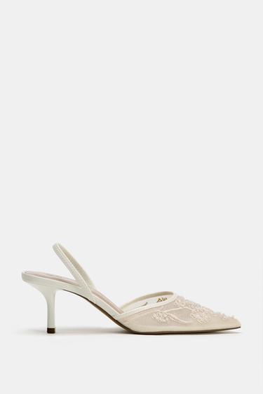 Zara EMBROIDERED MESH SLINGBACKS - White