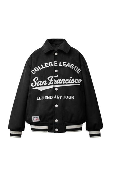 CAZADORA BOMBER EFECTO ANTE TEXTO BORDADO - Negro de Zara