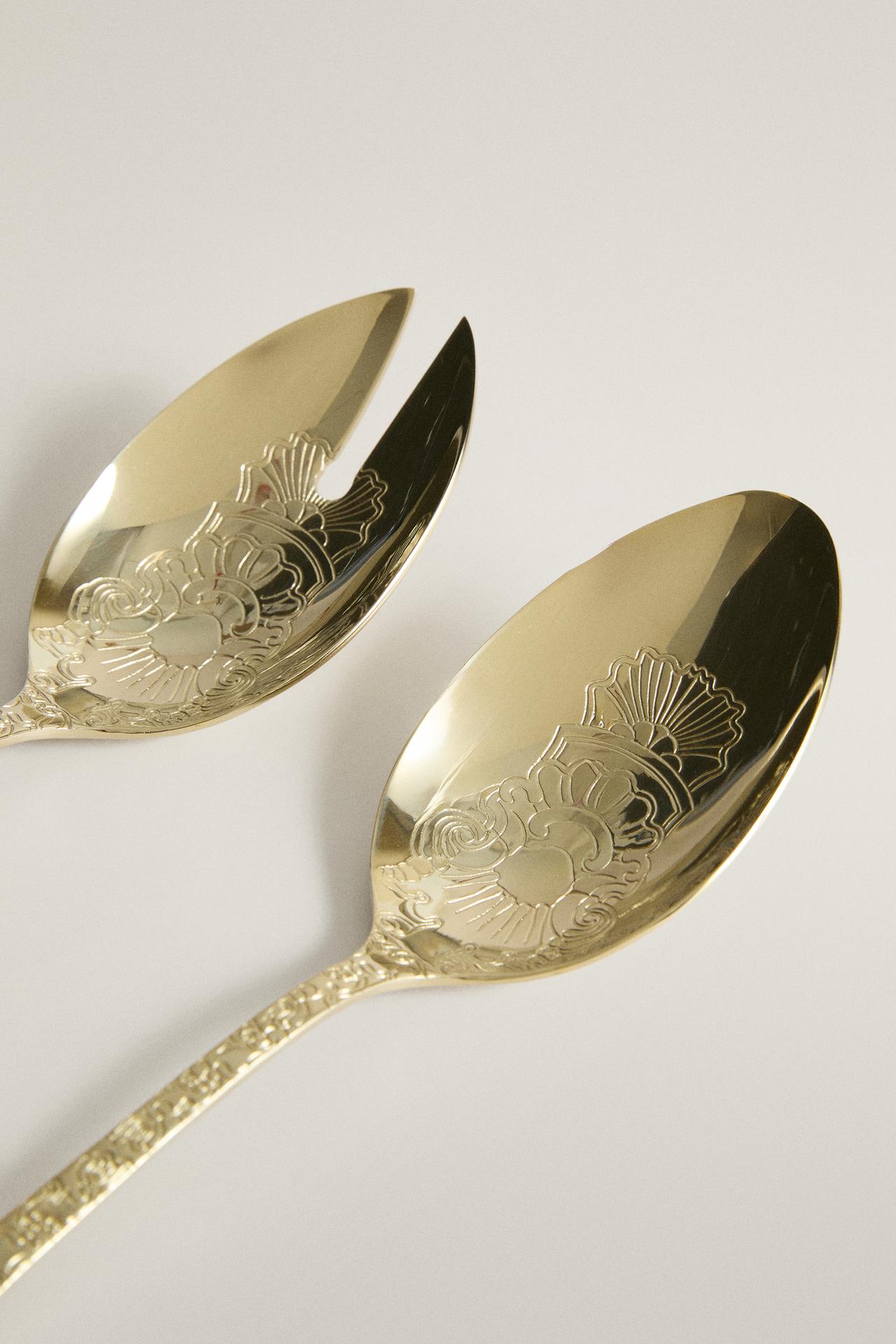 ENGRAVED STEEL SALAD FLATWARE SET (SET OF 2) — Soft gold