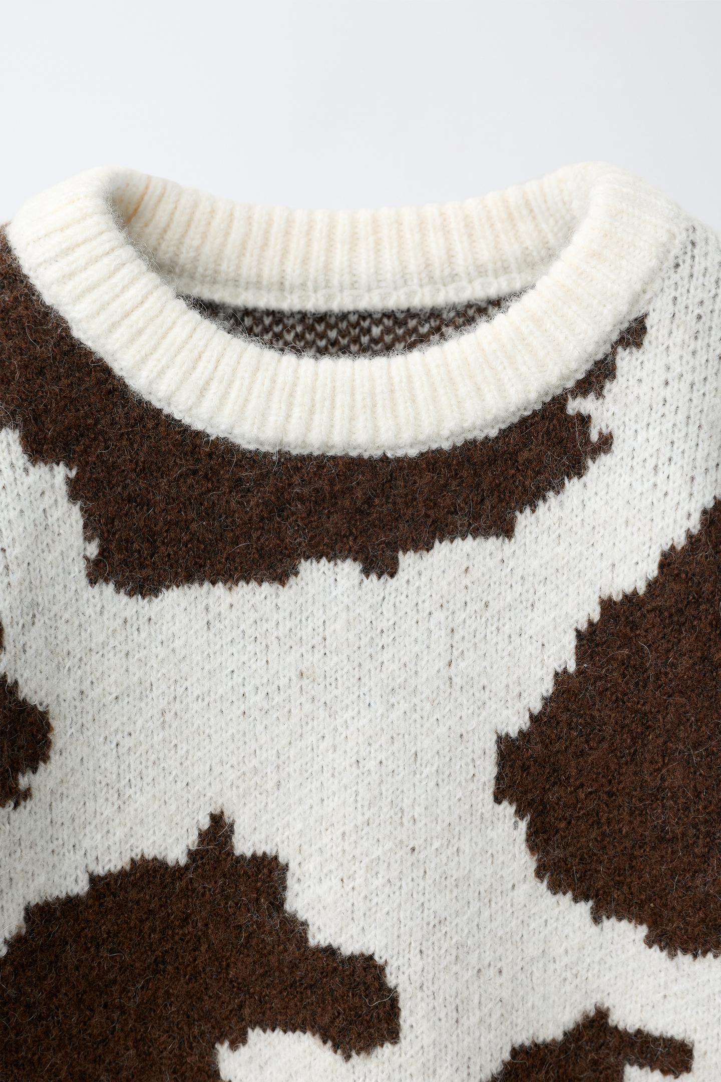 Детский свитер Zara Cow Print Knit, цвет: Коричневый / Экрю — фото 3