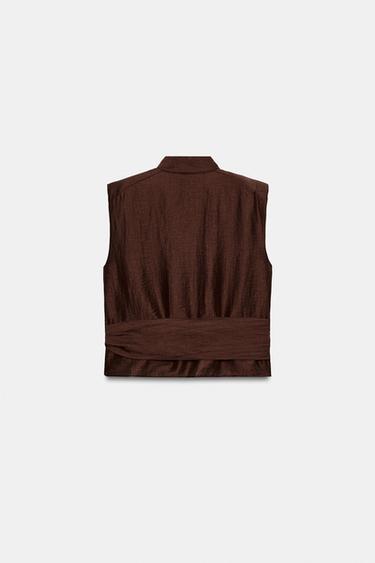 TOP À ÉPAULETTES EN LIN AVEC CEINTURE - Marron foncé de Zara - Image 7