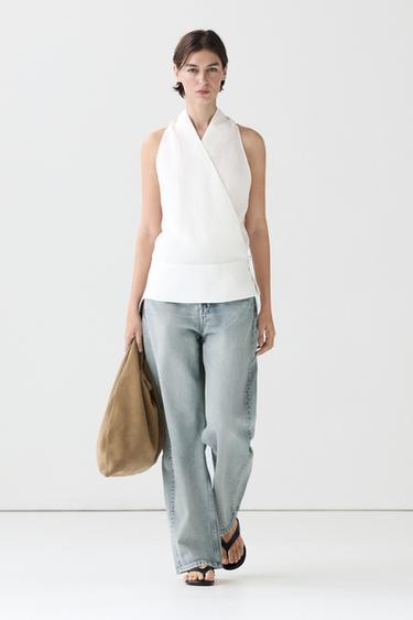 Zara 100% linen surplice top with corset belt detail - White - Image 0