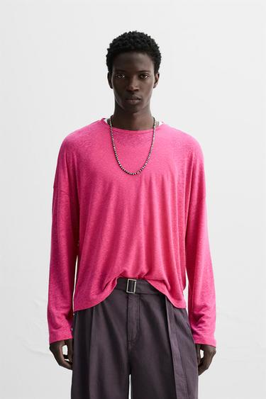 VISCOSE - LINEN T-SHIRT - Fuchsia by Zara