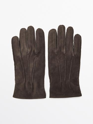 Guantes piel caprina acabado ante - Gris de Zara