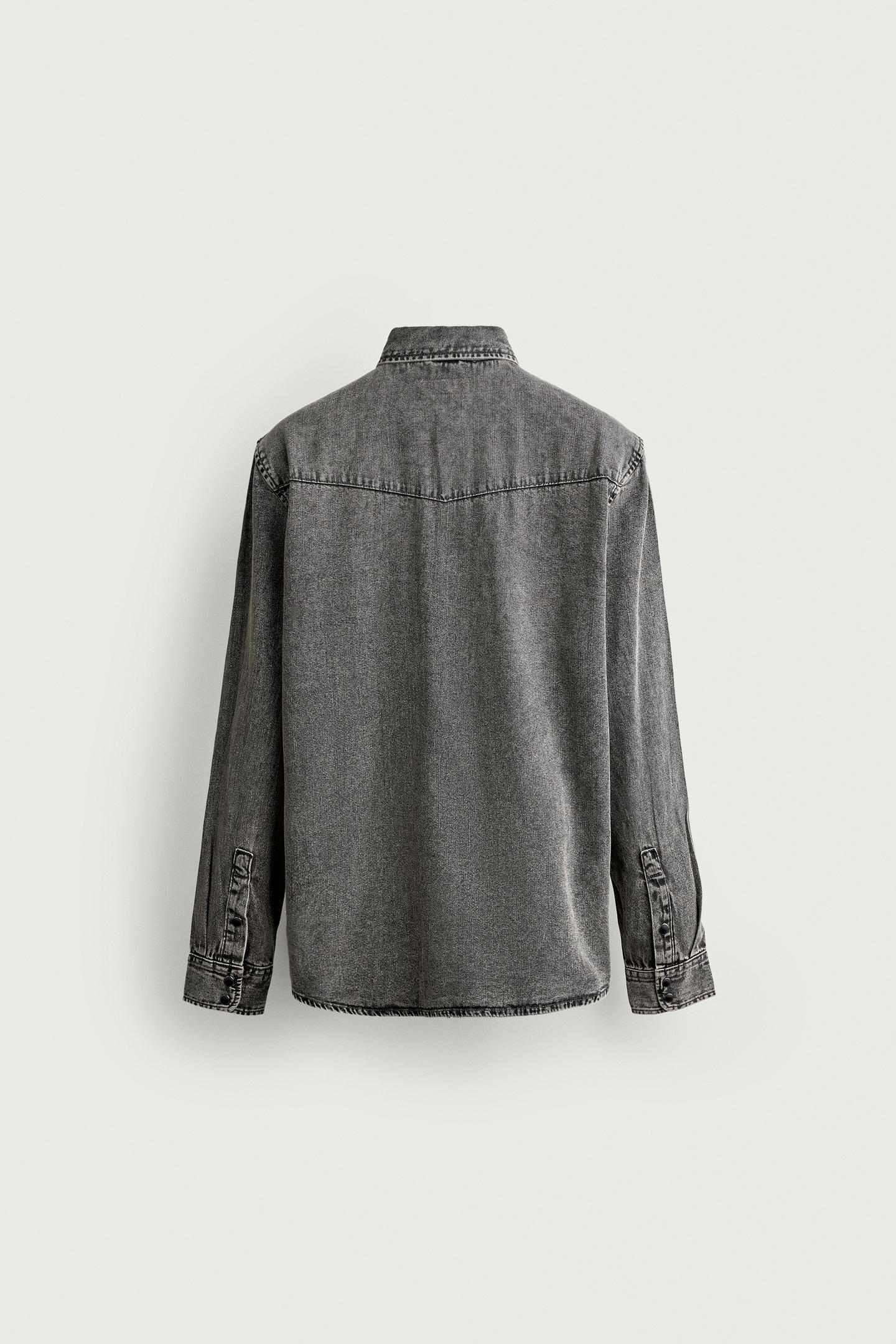 Мужская рубашка Zara Regular Fit Denim Western, цвет: Угольный — фото 7