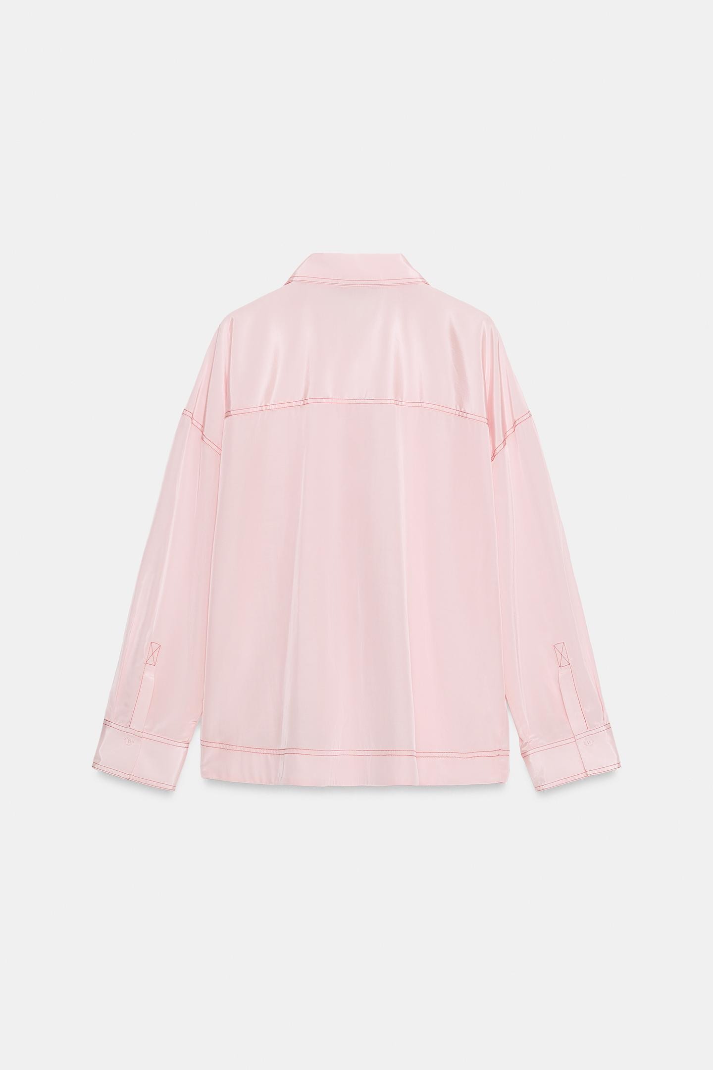 Женская рубашка Zara Contrast Topstitch, цвет: Розовый — фото 8