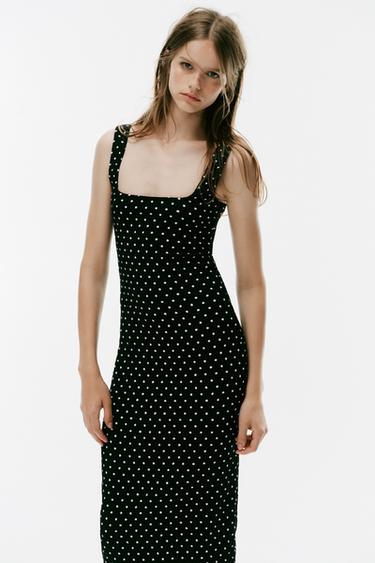 ROBE MIDI TEXTURÉE À POIS - Blanc / Noir de Zara