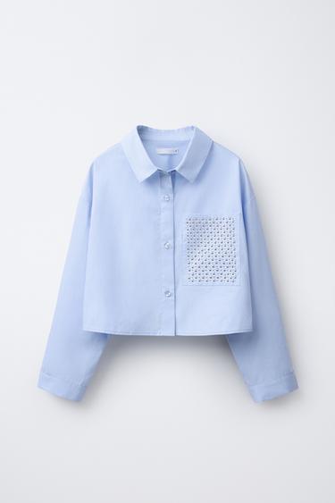 Zara STUDDED POCKET CROPPED SHIRT - Blue