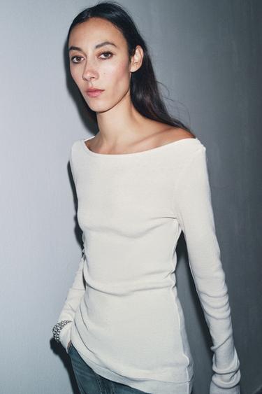 RIB BOAT NECK T-SHIRT - Ecru / Marl by Zara