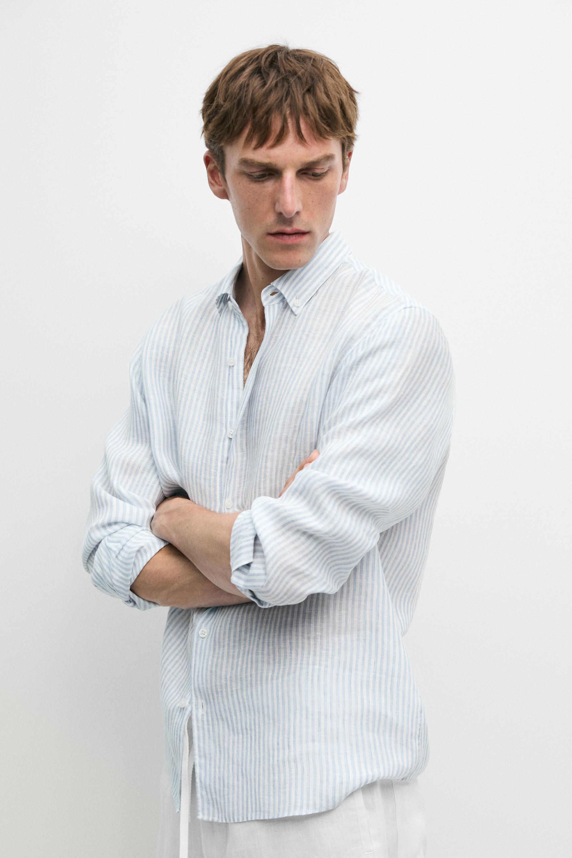100% linen regular fit striped shirt — Green stripe