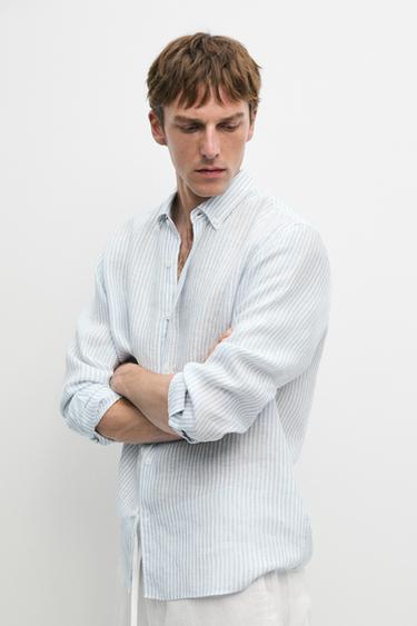Chemise regular fit à rayures en lin - Raie verte de Zara