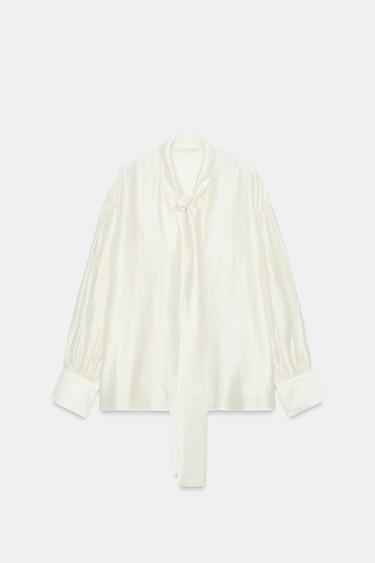 Zara SATIN EFFECT SHIRT WITH TIES ZW COLLECTION - Oyster-white