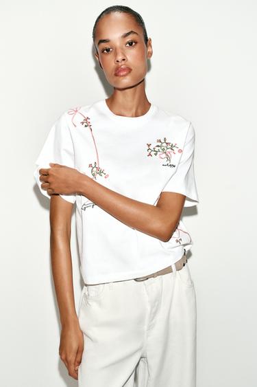 T-SHIRT À FLEURS BRODÉES - Blanc de Zara - Image 1