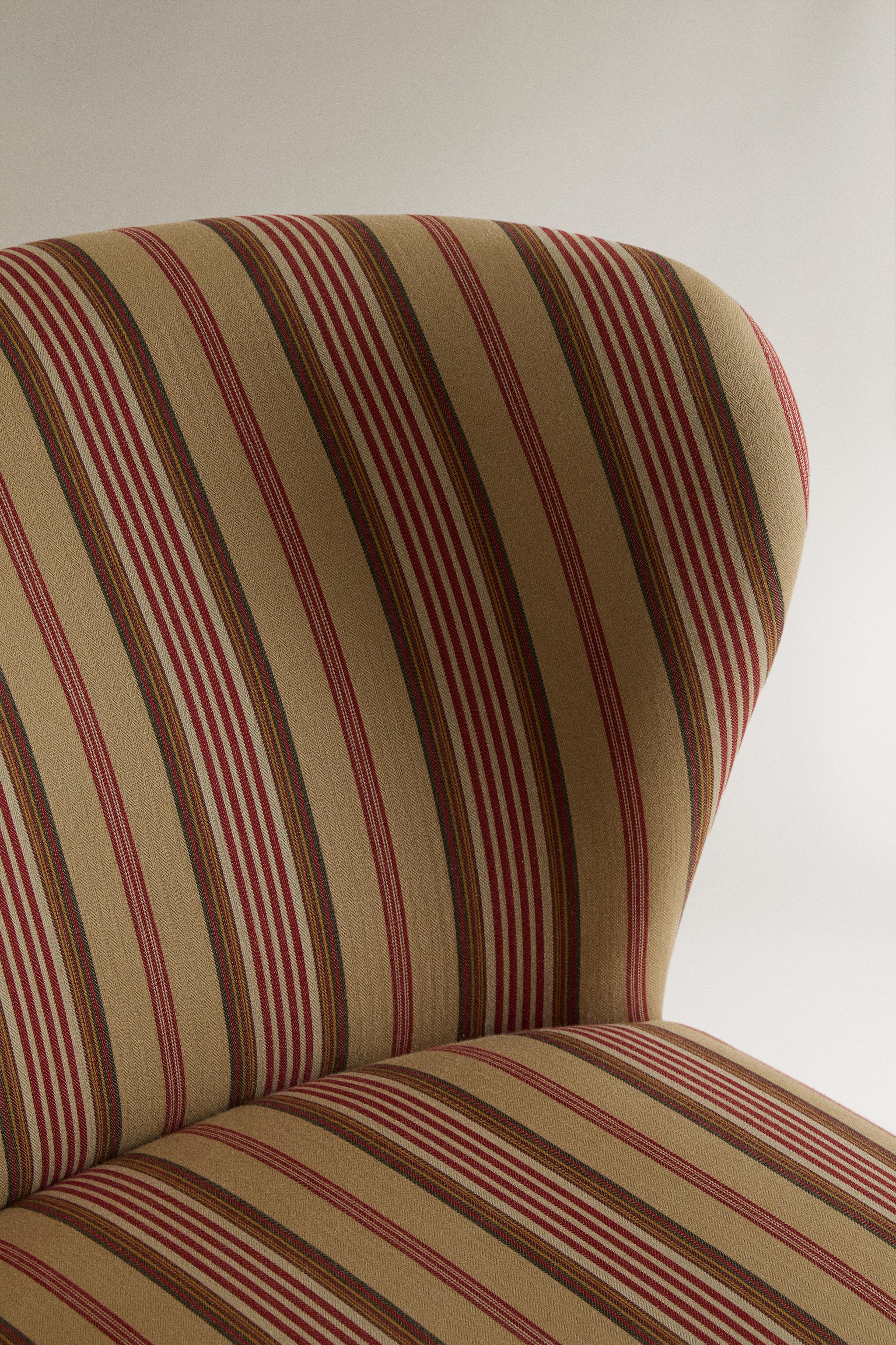 STRIPED ACCENT CHAIR WITH RUFFLE | KATHARINE POLE — Ecru / Red