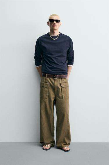 Zara WIDE FIT PANTS WITH BELT LOOP - Khaki - Image 0