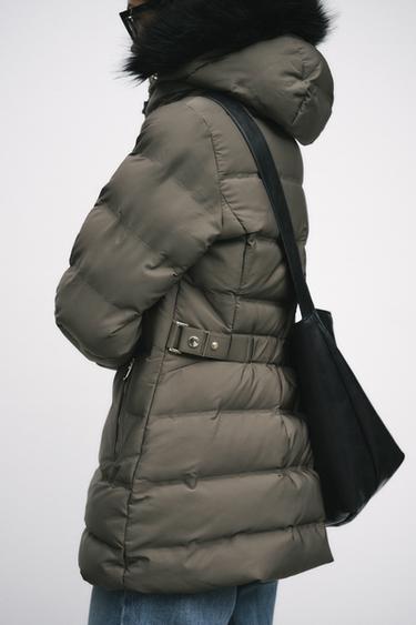 Zara SEMI-LONG HOODED PUFFER COAT - Khaki