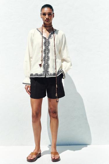 CONTRAST EMBROIDERY SHIRT - Ecru by Zara - Image 0