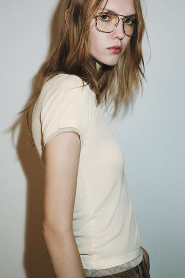 T-SHIRT MIT TÜLL-MIX - Vanille von Zara