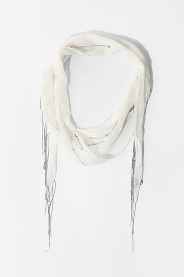 BEADED FRINGE SCARF - Ecru by Zara