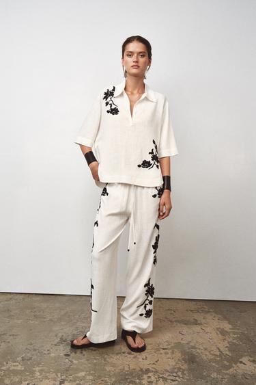 ZW COLLECTION EMBROIDERED TROUSERS - Black / White by Zara - Image 0