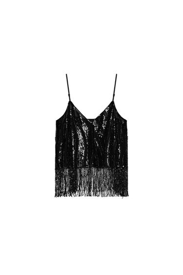 TOP FRANGES ET PAILLETTES - Noir de Zara
