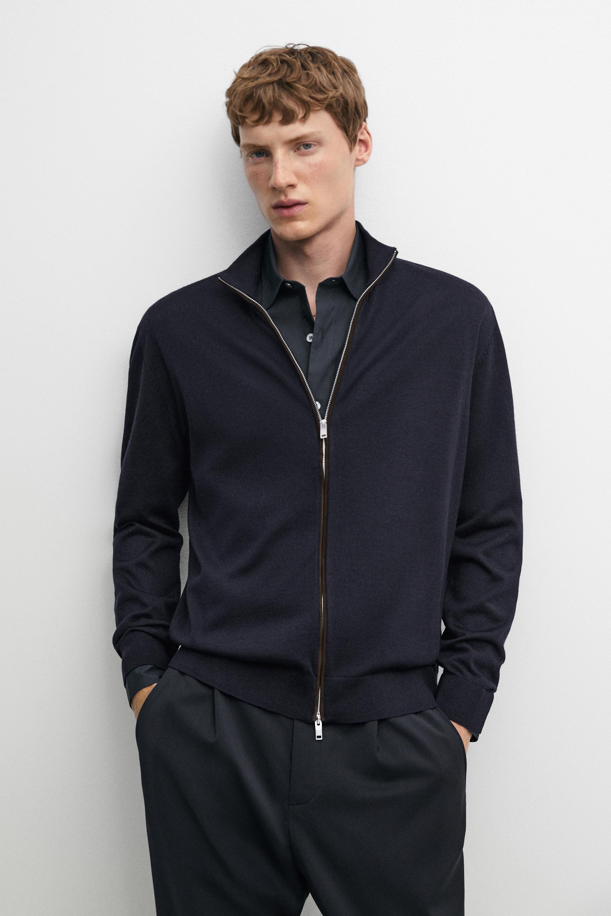Merino wool blend zip-up knit cardigan — Navy blue