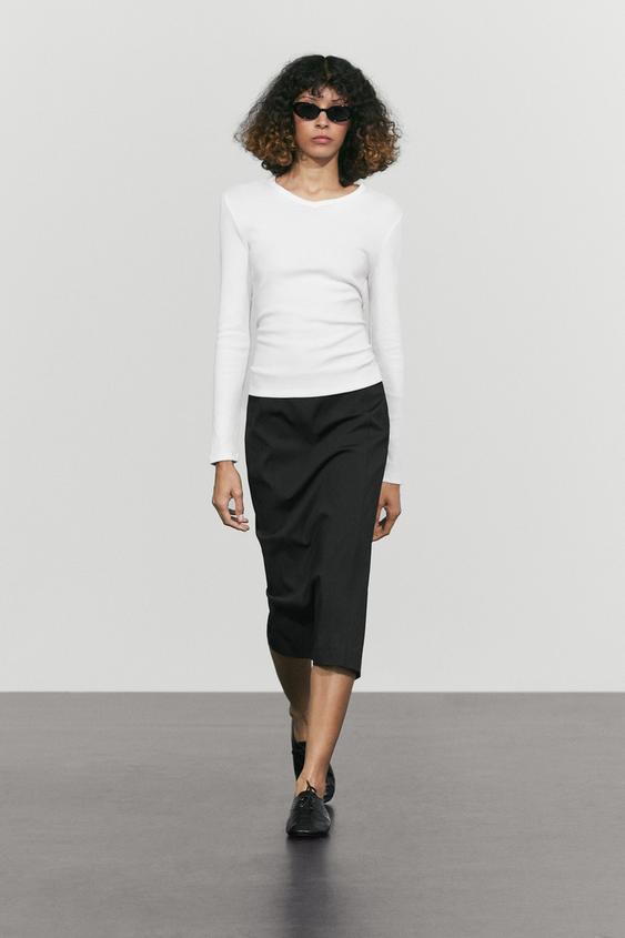 Zara 100% cotton V-neck long sleeve T-shirt - Oyster-white - Image 0