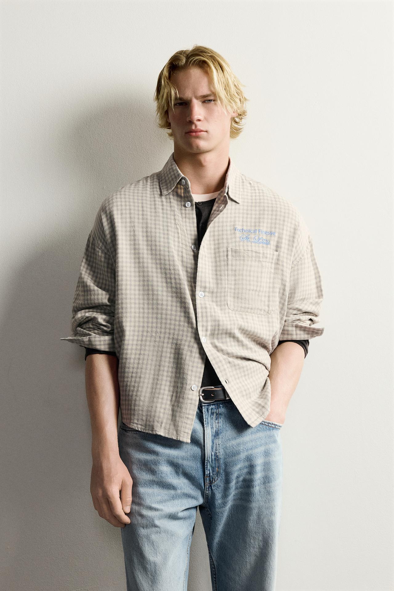 EMBROIDERED PLAID SHIRT — Gray / Blue