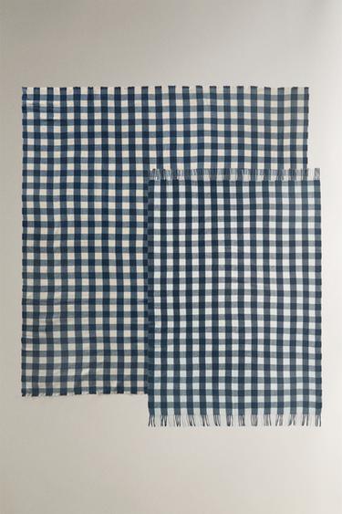 CHECK AND FRINGE BLANKET - Blue by Zara