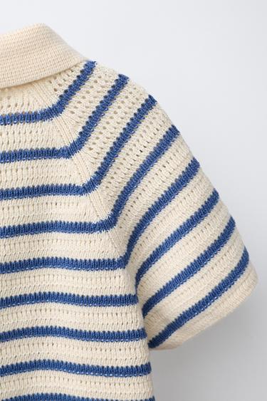 POLO EN MAILLE À RAYURES - Écru / Bleu de Zara - Image 3