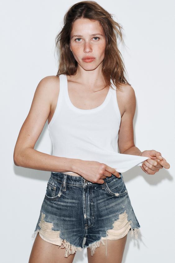 Zara TRF RIPPED HIGH-WAISTED DENIM SHORTS - Blue - Image 0