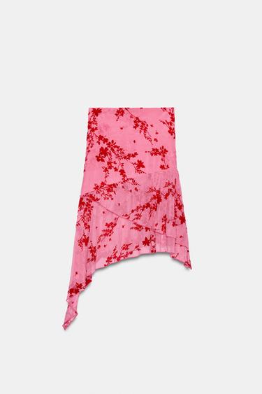 JUPE MI-LONGUE ASYMÉTRIQUE EN TULLE FLOQUÉ - Rose moyen de Zara - Image 5