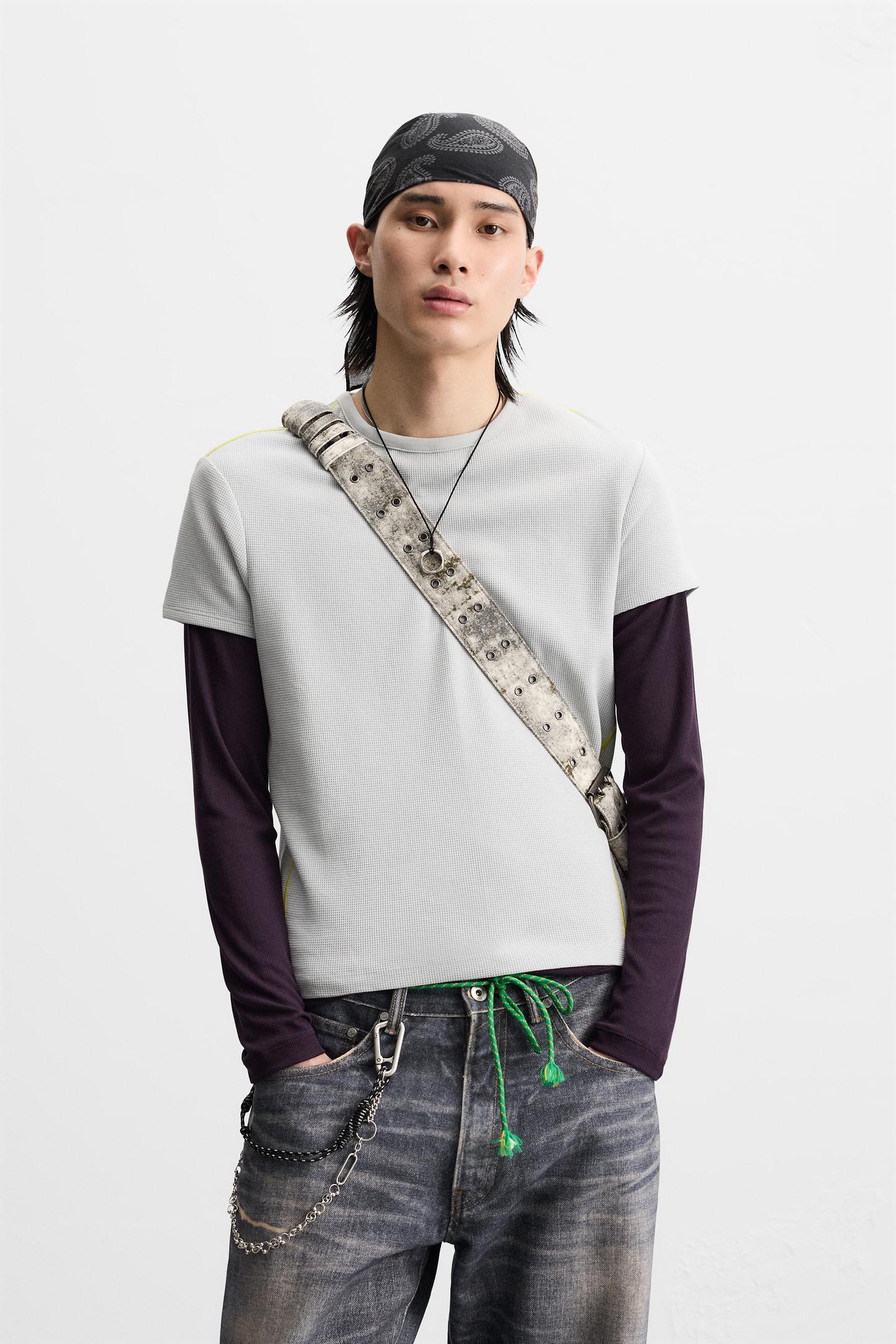 チェック柄テクスチャー素材クロップド丈フィットTシャツ
