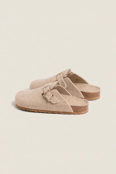 BUCKLED FELT MULE CLOG SLIPPERS - Taupe Grey by Zara